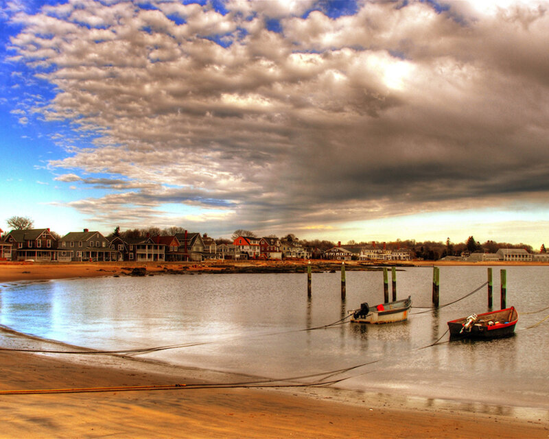 Coastal town with boats at dock