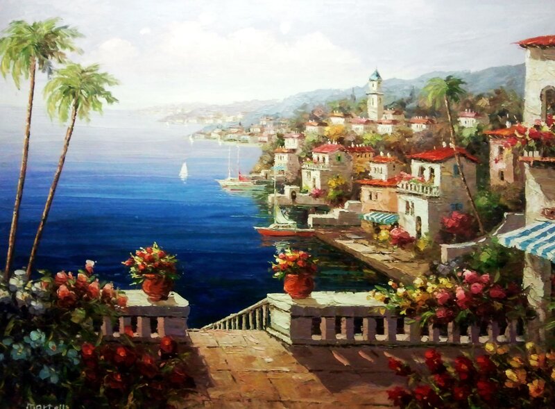 Coastal Town with Boats — Blue, Serene, Afternoon, Painting, Palm Trees