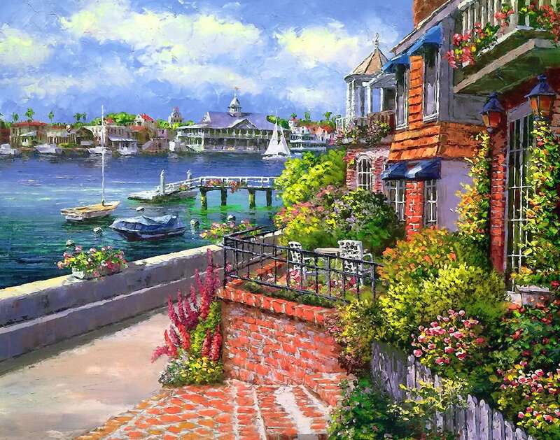 Coastal Town with Boats — Blue, Serene, Afternoon, Painting