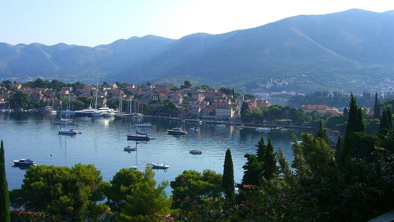 Coastal Town with Boats — Blue, Serene