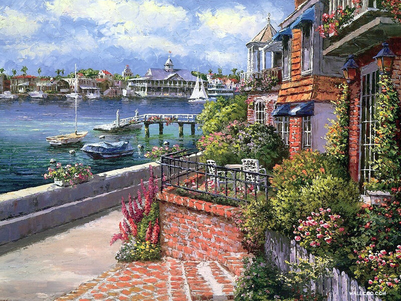 Coastal Town with Boats — Blue