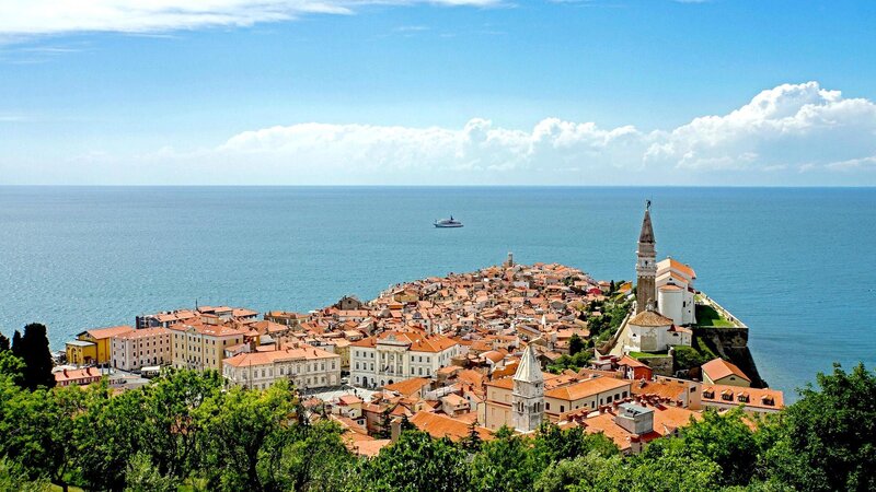 Coastal Town with Church — Blue, Serene