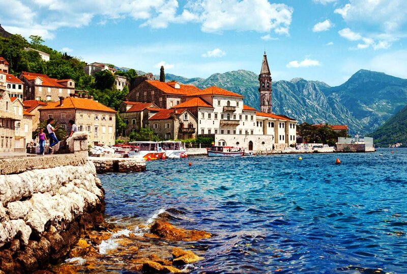 Coastal Town with Church — Blue