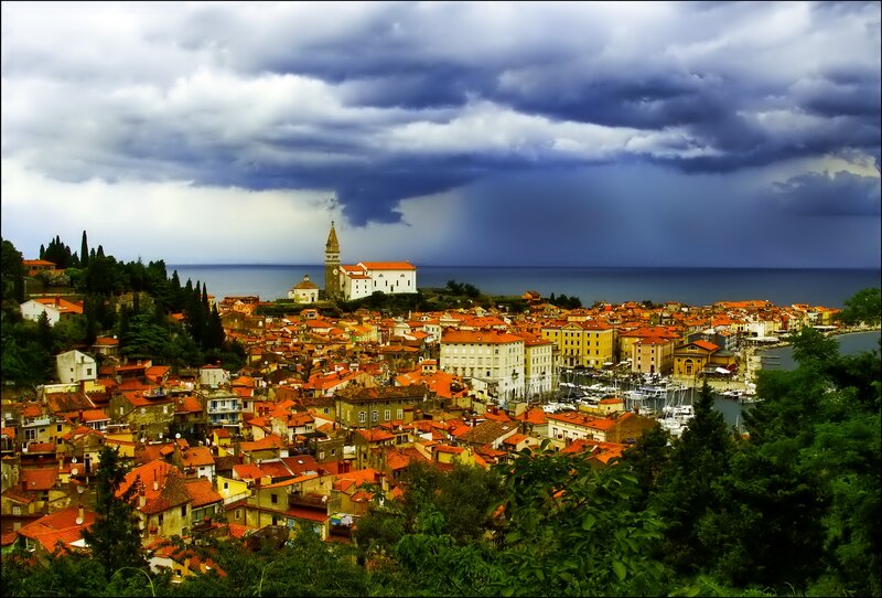 Coastal Town with Church — Red