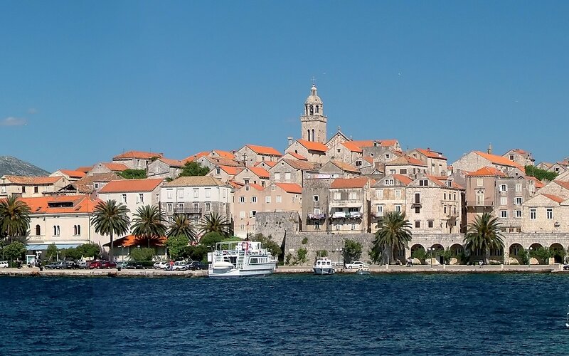 Coastal town with church tower