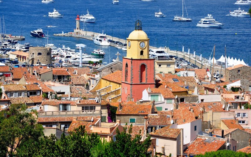 Coastal town with clock tower