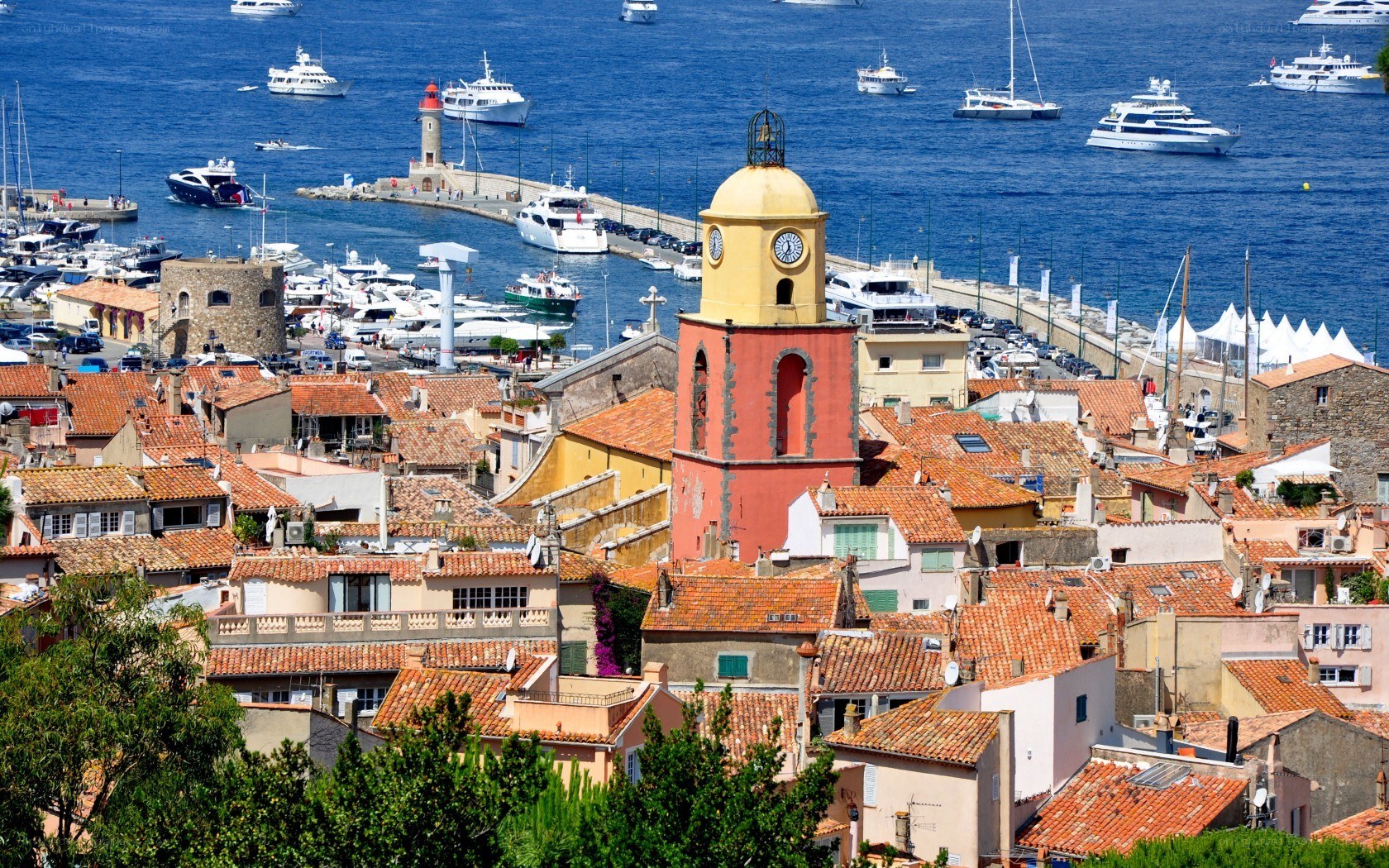 Coastal town with clock tower
