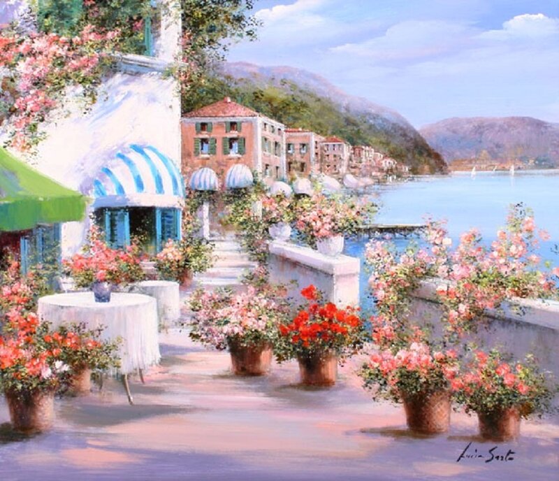 Coastal Town with Flowers