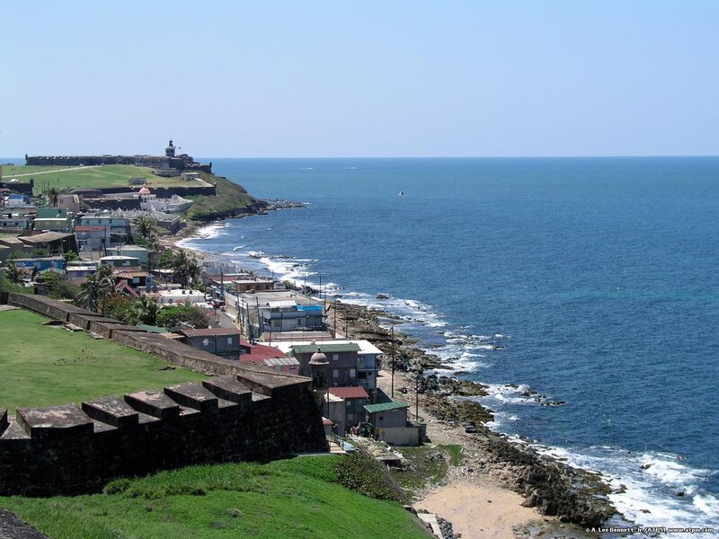 coastal town with fort and ocean