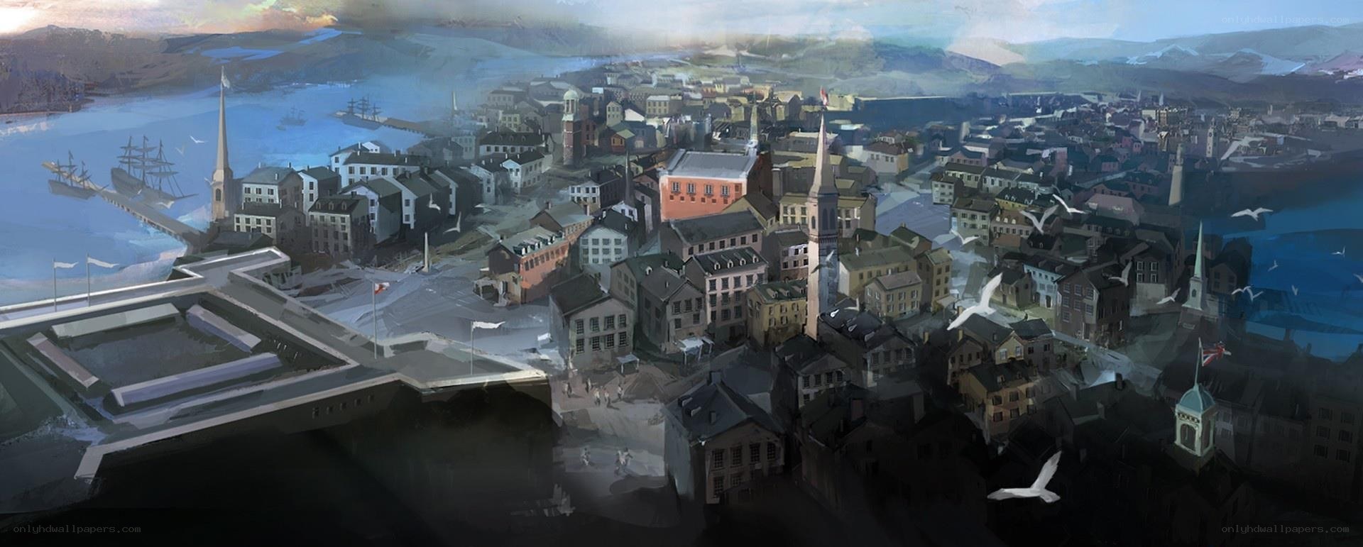 coastal town with harbor