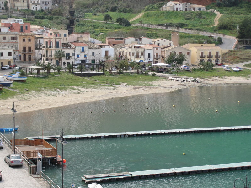 Coastal town with harbor and beach