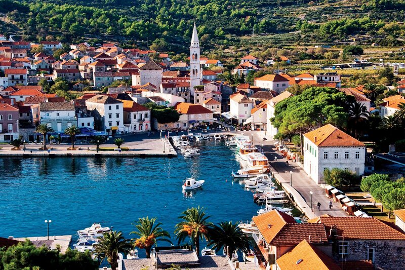 Coastal town with harbor and church