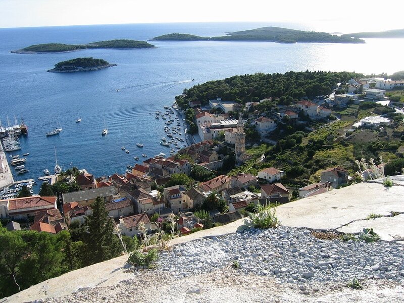 Coastal town with harbor and islands