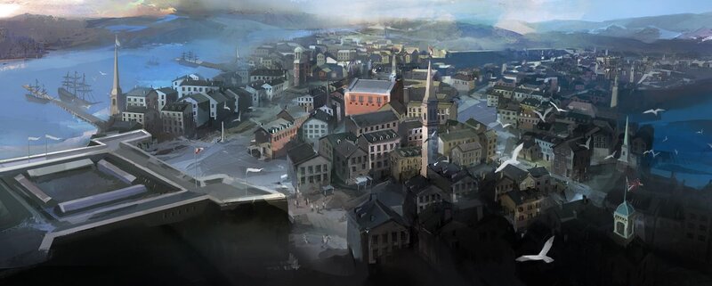 Coastal Town with Harbor — Blue, Dramatic, Morning