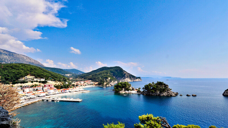 Coastal Town with Harbor — Blue, Serene, Afternoon, Photograph, Mountains