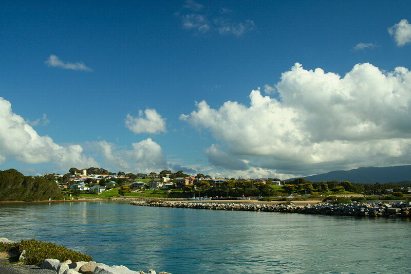 Coastal Town with Harbor — Blue, Serene, Afternoon, Photograph