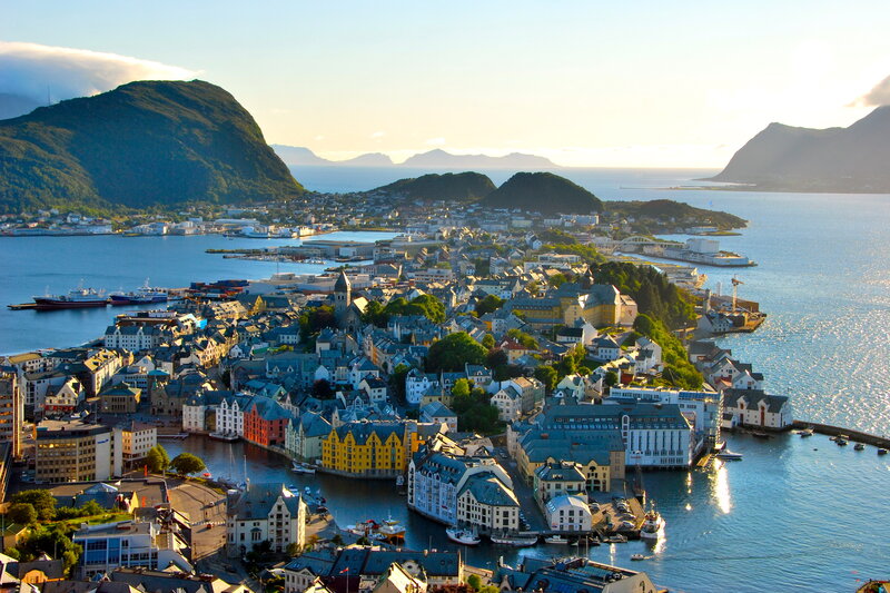 Coastal Town with Harbor — Blue, Serene, Sunset