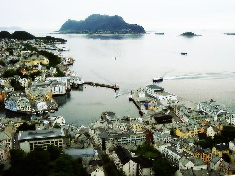 Coastal Town with Harbor — Gray