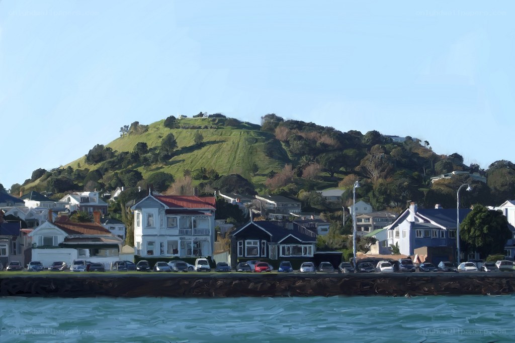 Coastal town with hill