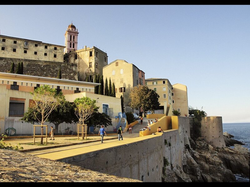 Coastal town with historic buildings