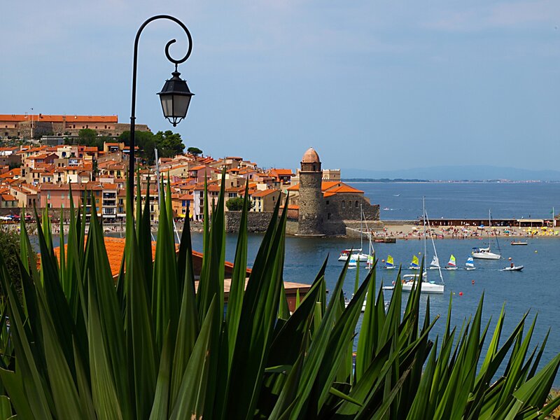 Coastal town with historic tower
