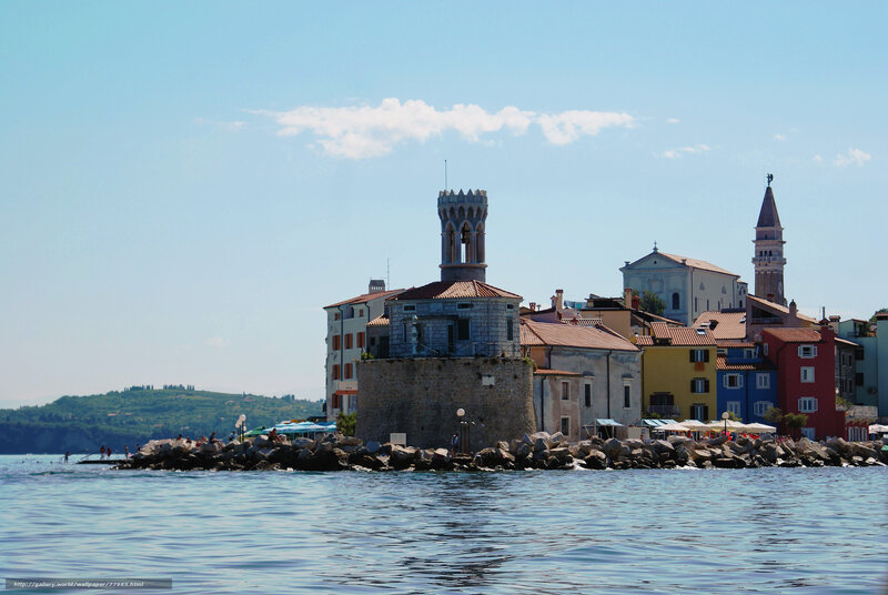 Coastal town with historic tower