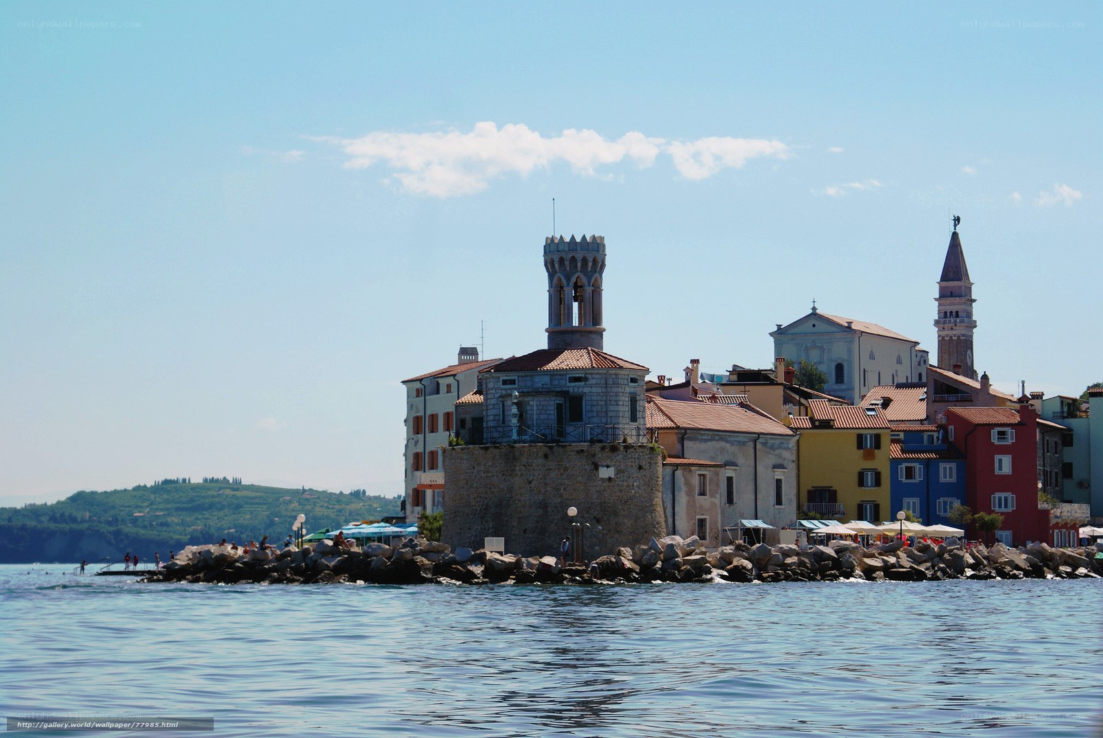 Coastal town with historic tower
