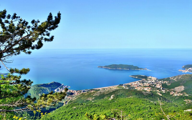 Coastal town with island view
