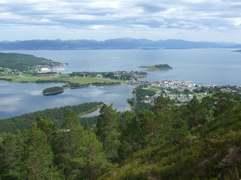 coastal town with islands and mountains