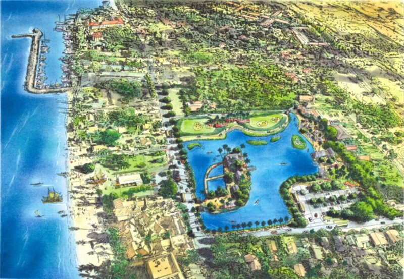 Coastal town with lake and harbor