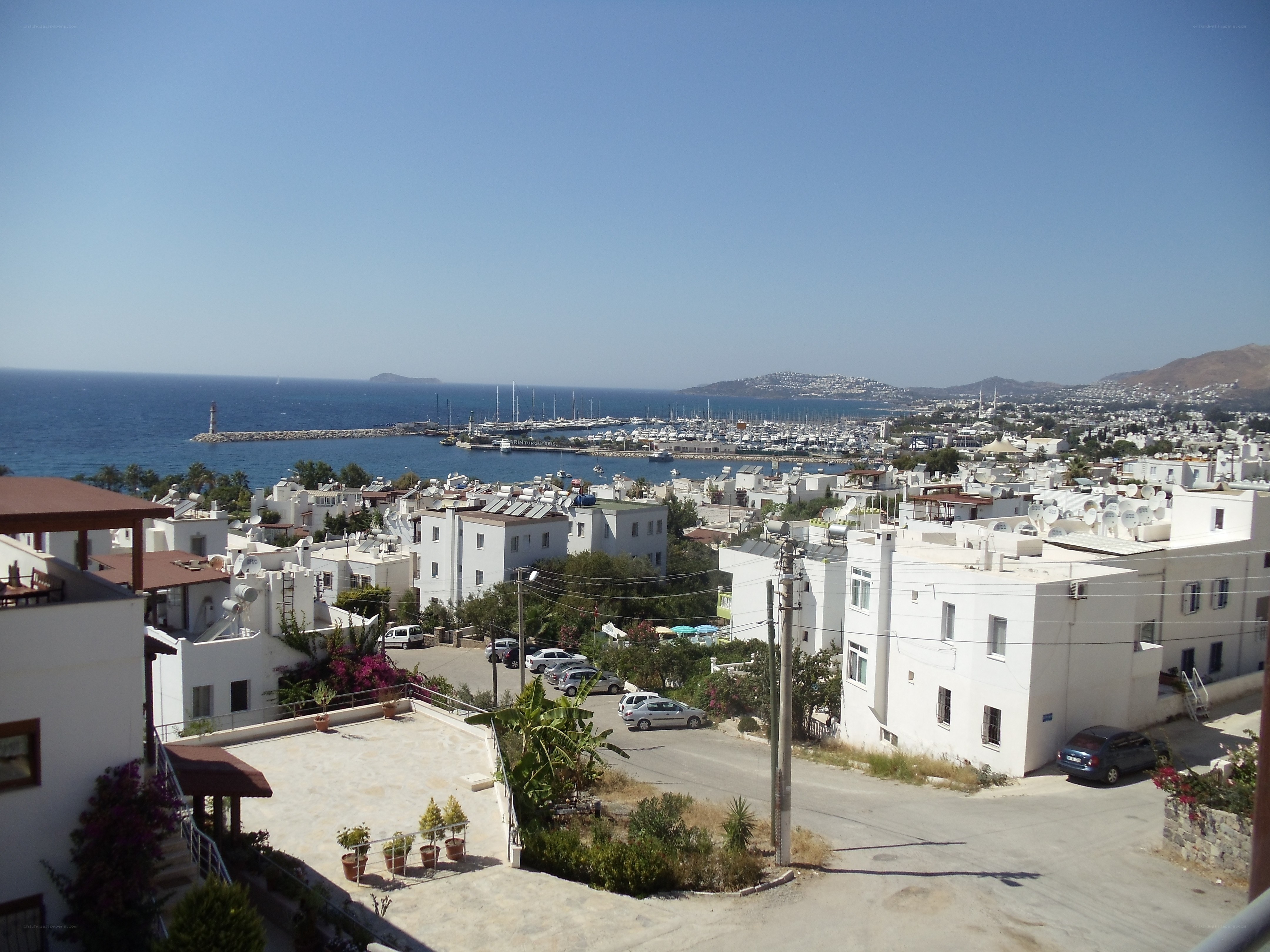 Coastal town with marina view