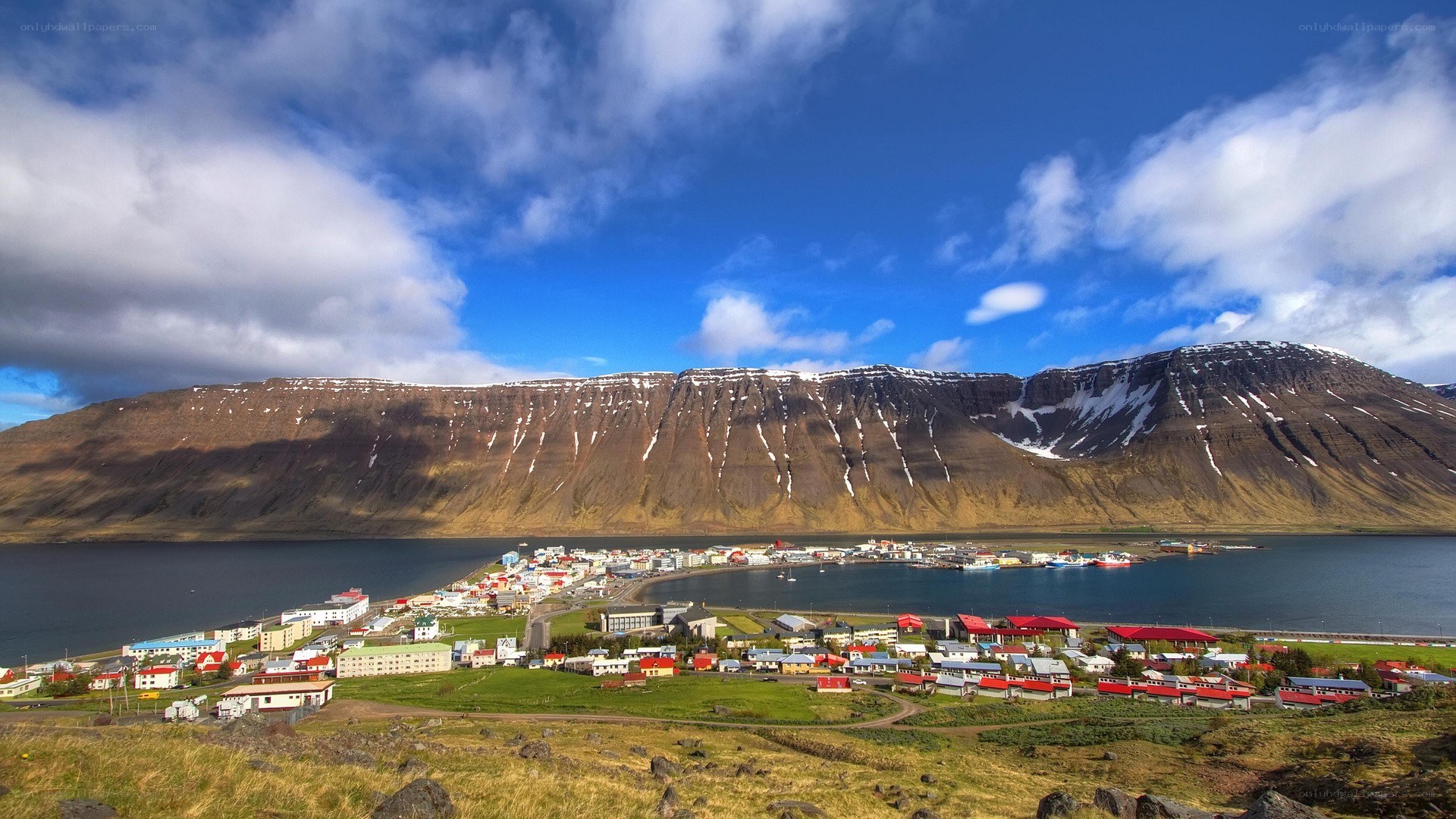 Coastal town with mountains