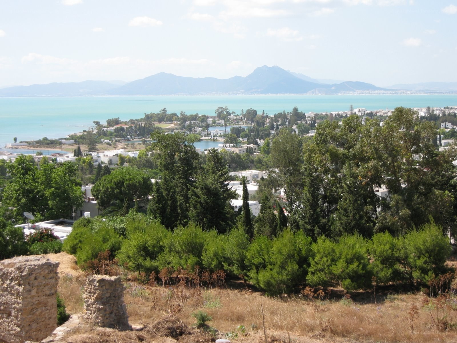 coastal town with mountains
