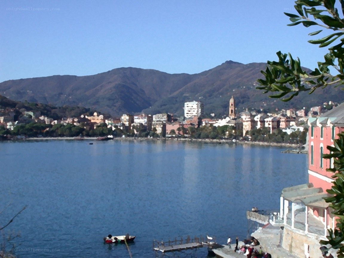coastal town with mountains