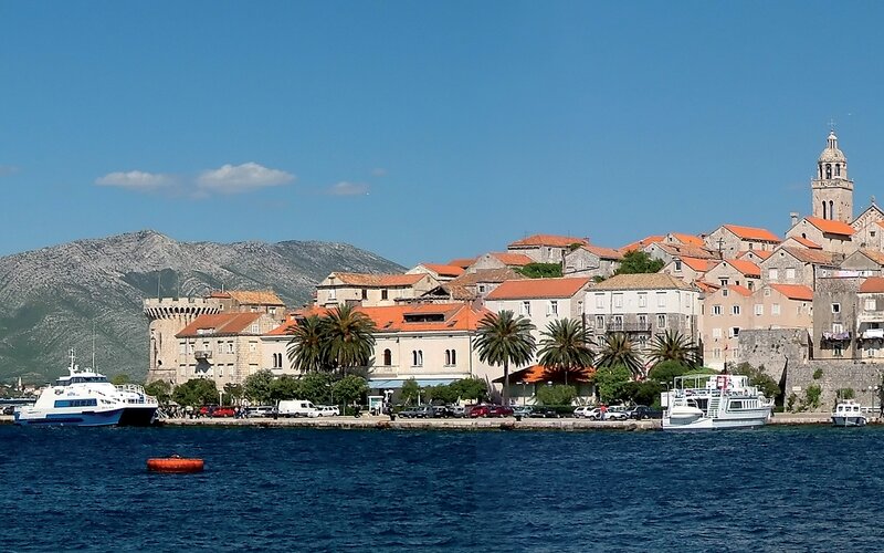 coastal town with mountains
