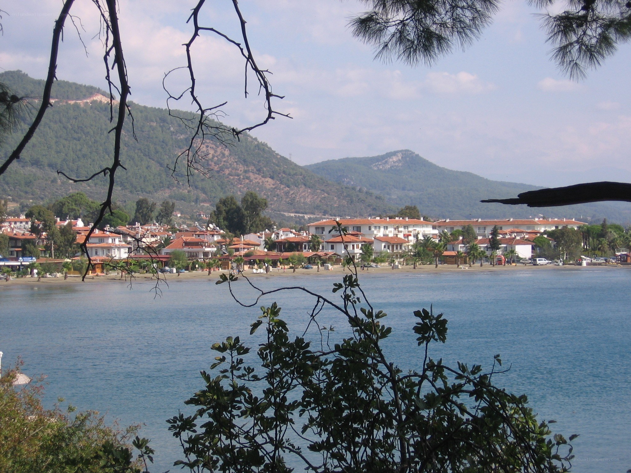 Coastal town with mountains