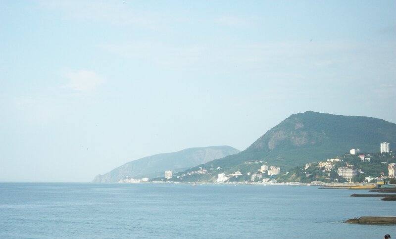 Coastal Town with Mountains — Blue, Calm