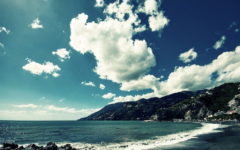 Coastal Town with Mountains — Blue, Dramatic