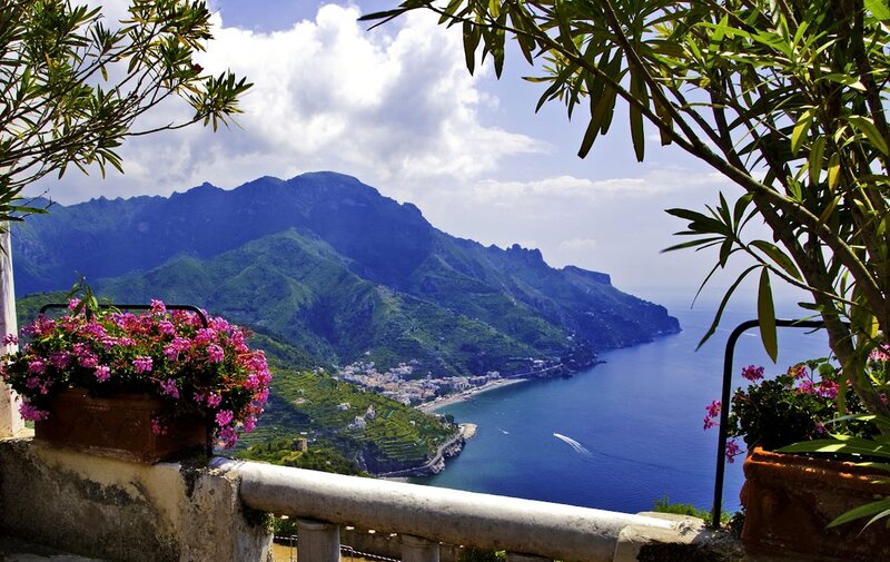 Coastal Town with Mountains — Blue, Serene, Afternoon