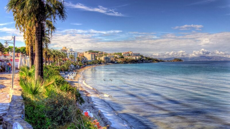 Coastal Town with Palm Trees — Blue, Serene, Afternoon