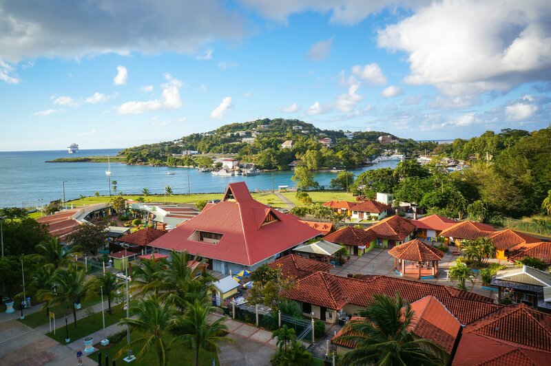 Coastal town with red-roofed buildings