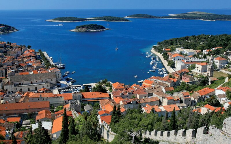 Coastal town with red-roofed buildings
