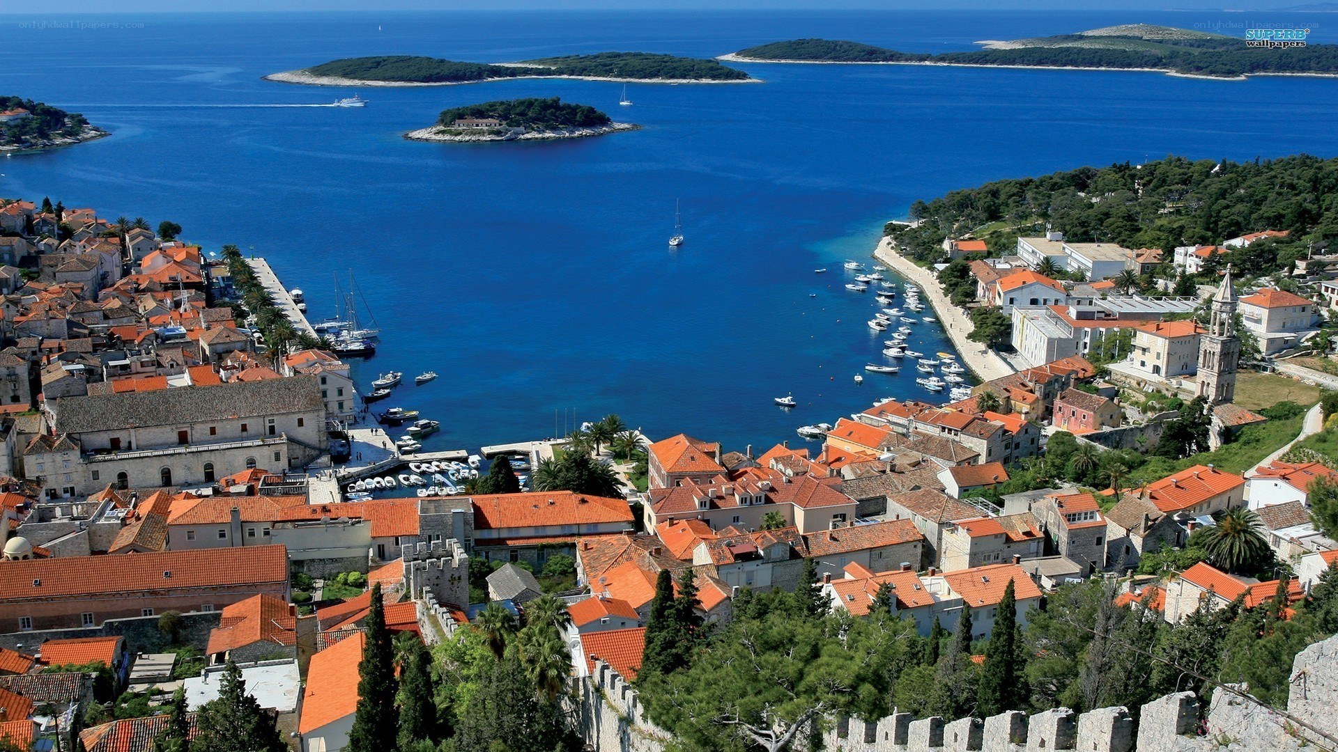 coastal town with red roofs