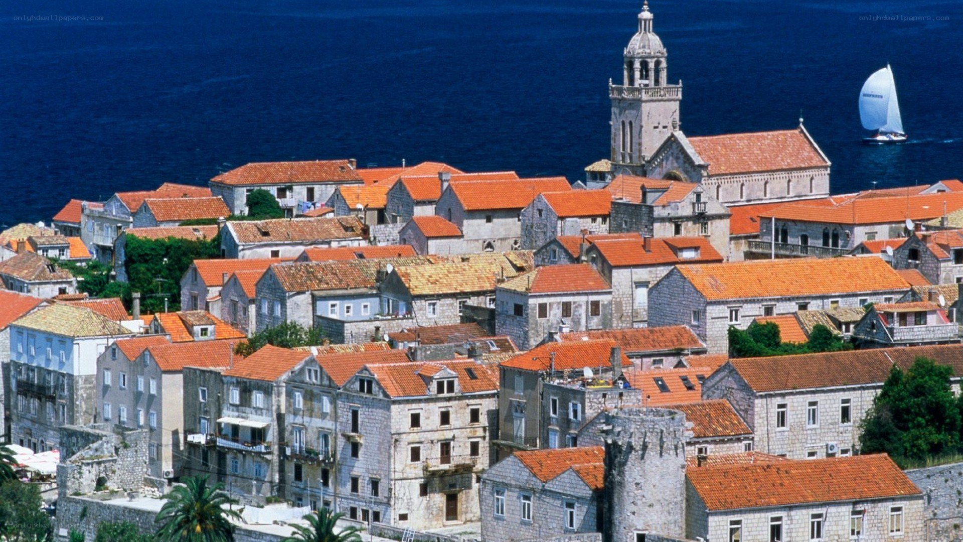 coastal town with red roofs