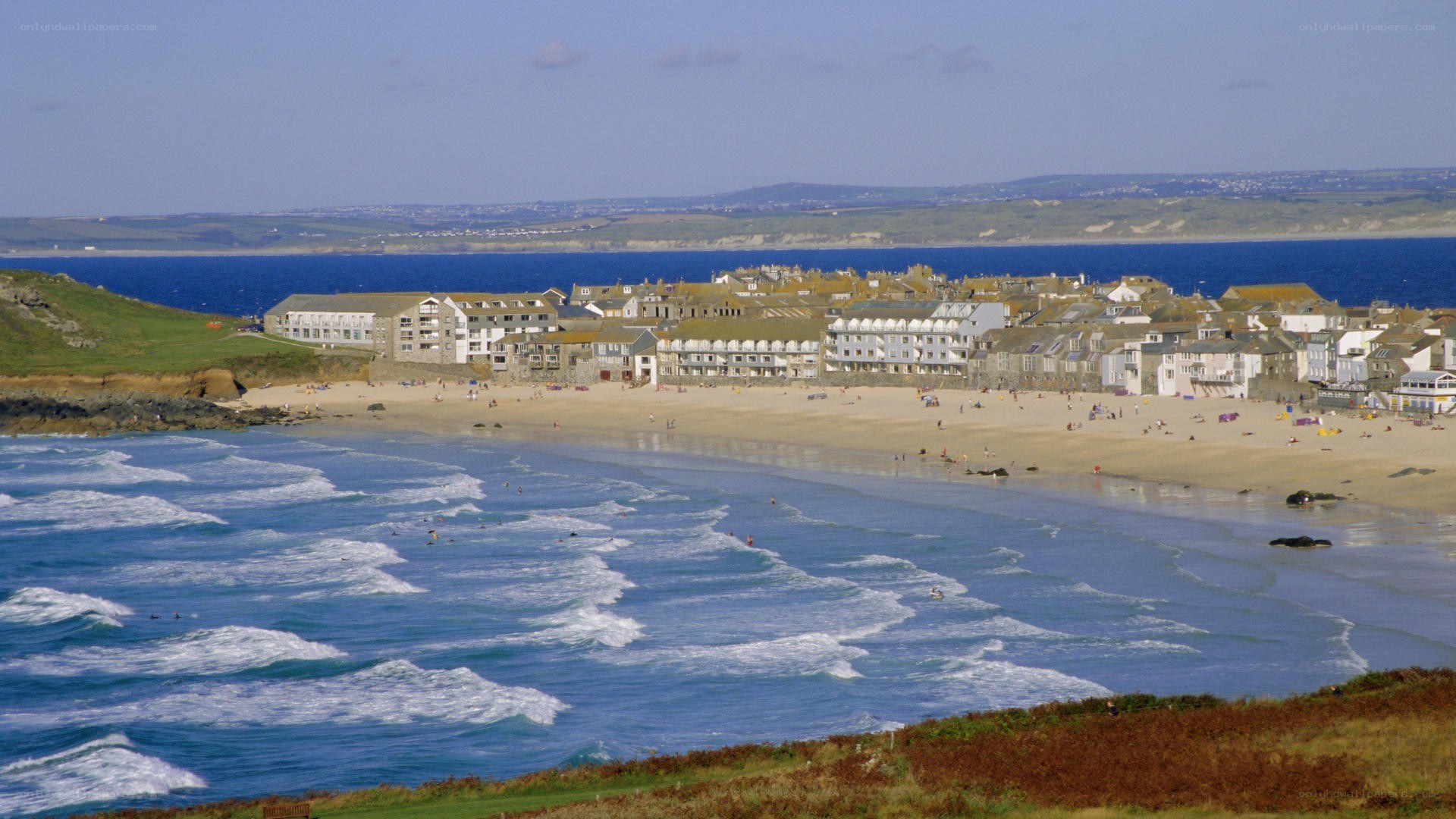 coastal town with sandy beach