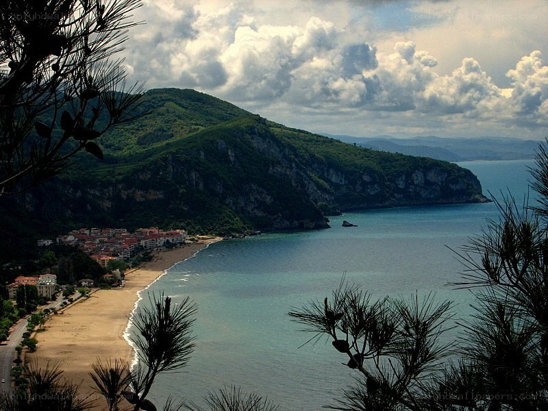 coastal town with sandy beach