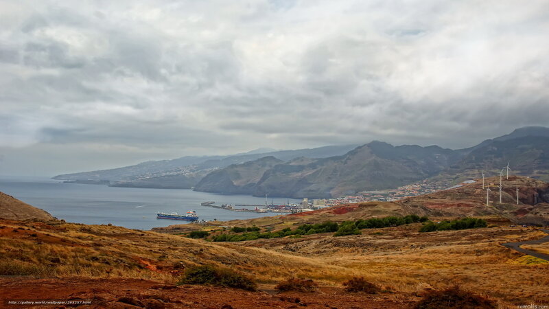 coastal town with wind turbines