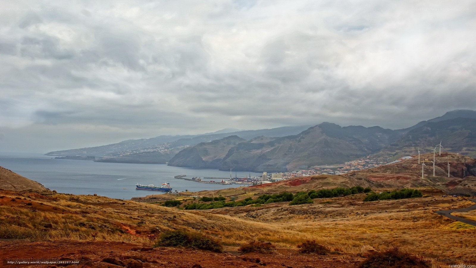 coastal town with wind turbines