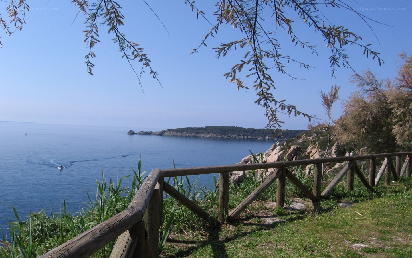Coastal view with wooden railing