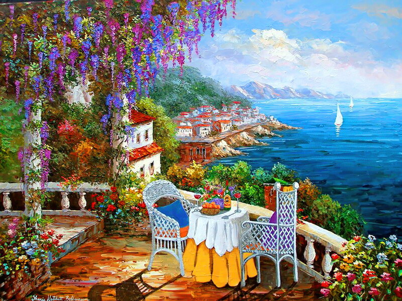 Coastal Villa Terrace — Blue, Serene